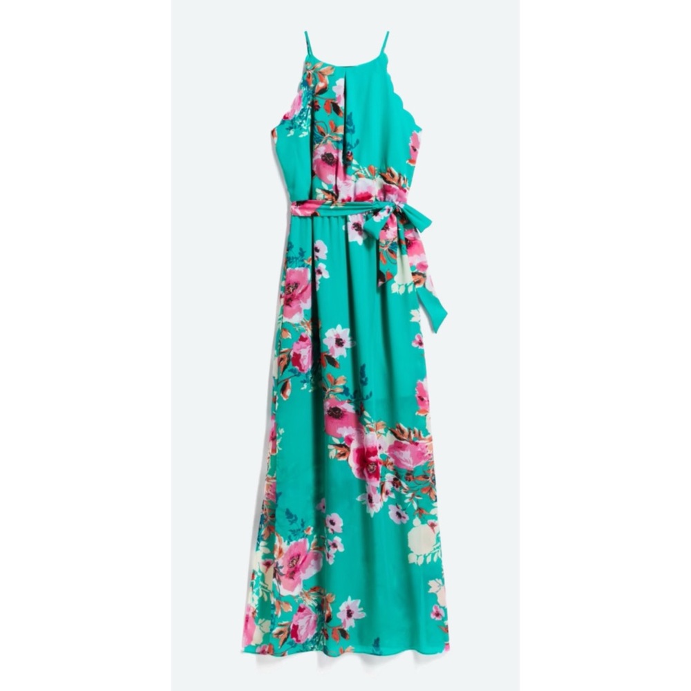 Fortune + Ivy Teal Floral Aziza Scallop Detail Maxi Dress Womens Size L